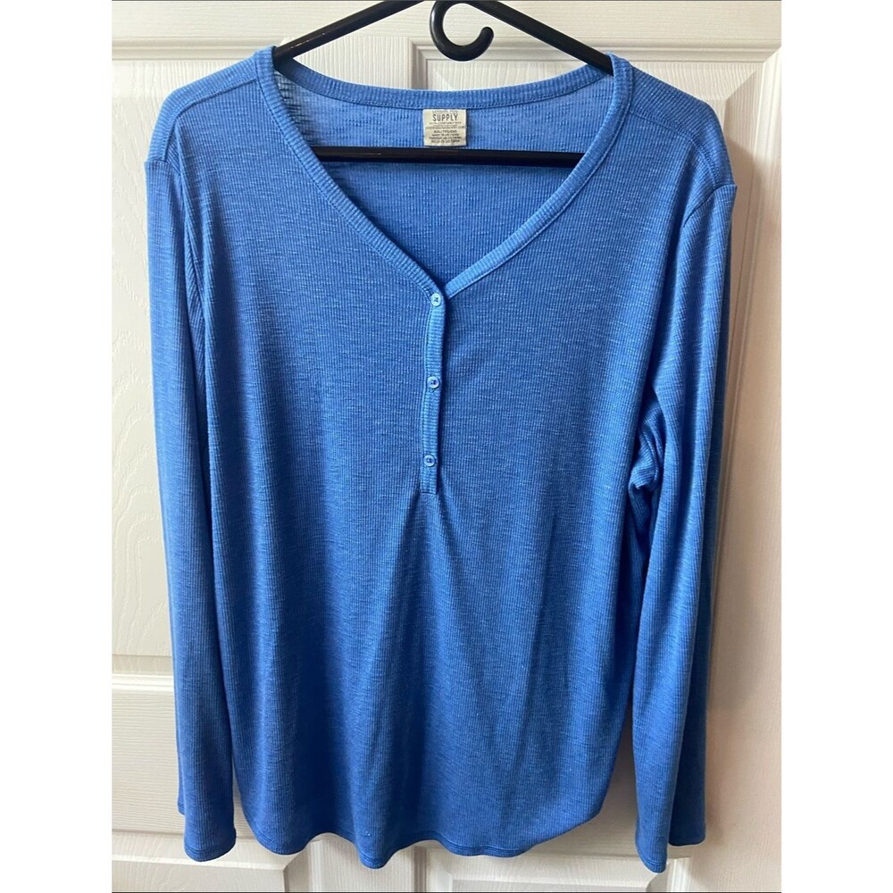 London Fog Supply Blue Ribbed V-Neck Henley plus 2X